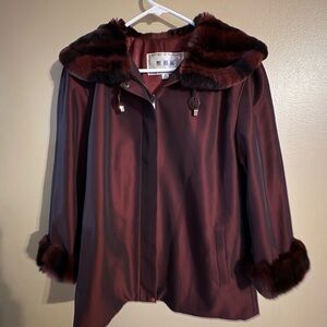 Burgundy Satin Jacket Faux Fur Trim Collar Coat Size M
